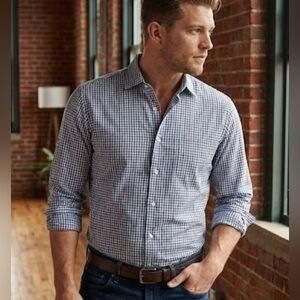 👔 Nordstrom Rack Trim Fit Button-Up Shirt – Blue & Brown Check – Size L